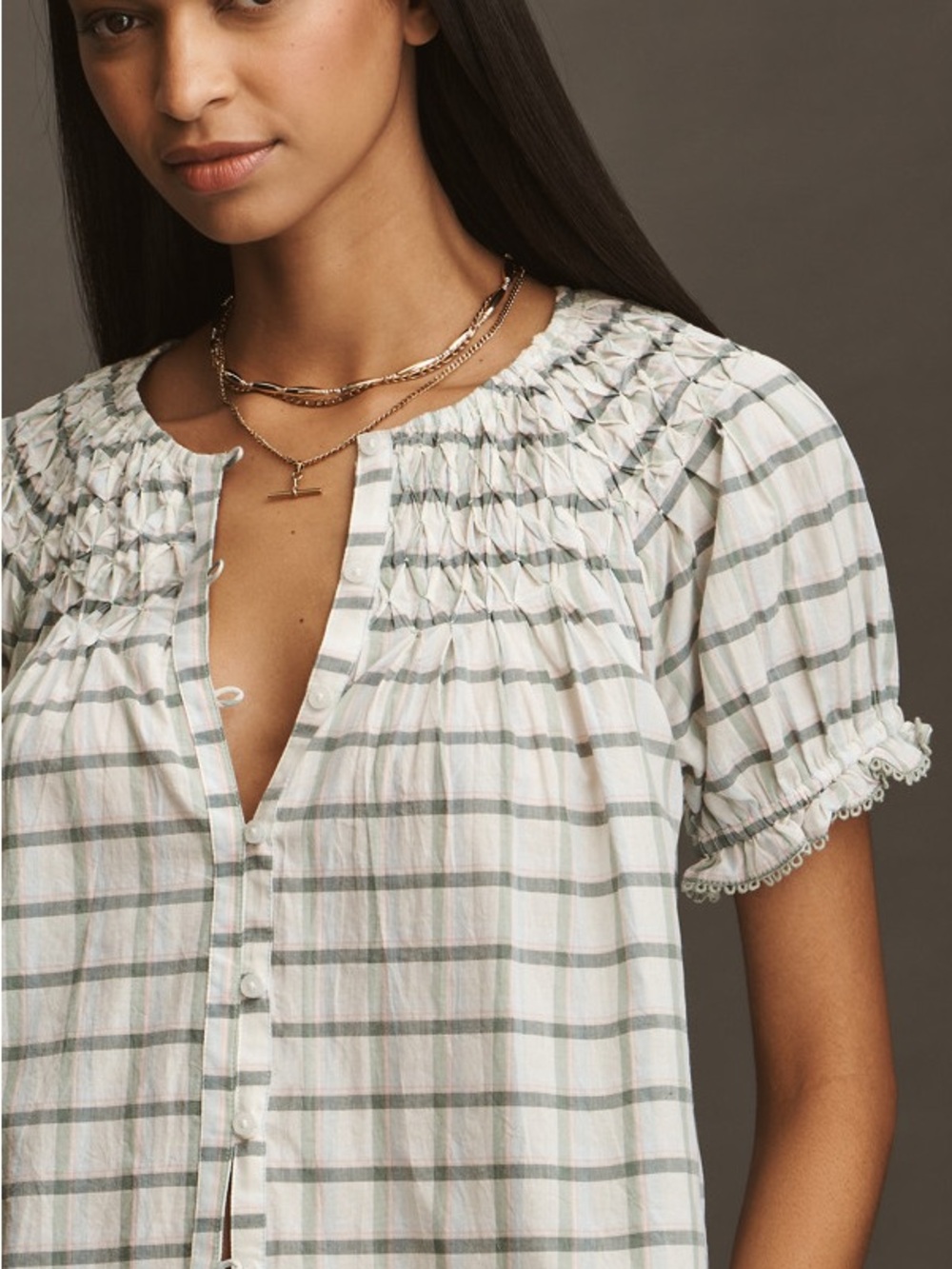 Anthropologie Smocked Plaid Top Green Pattern Puff Sleeve XL NWT